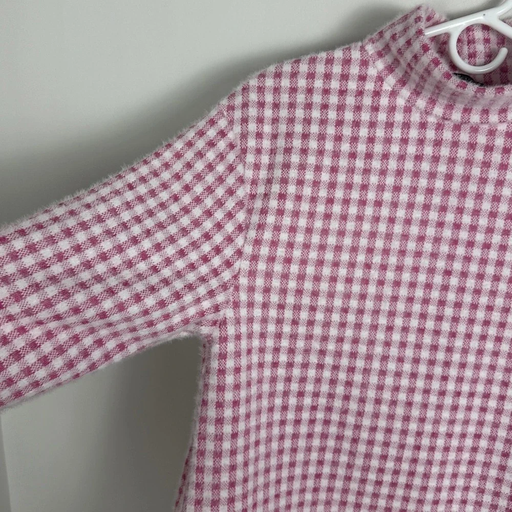 Zara Pink White Mock Neck Sweater Womens Size Small Checkered‎ Plaid Preppy Knit - Picture 8 of 16